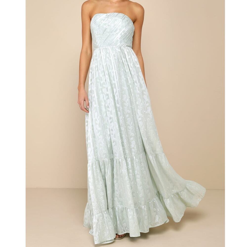 Lulus Adorably Elegant Sage Jacquard Floral Strapless Maxi Dress Embossed Satin